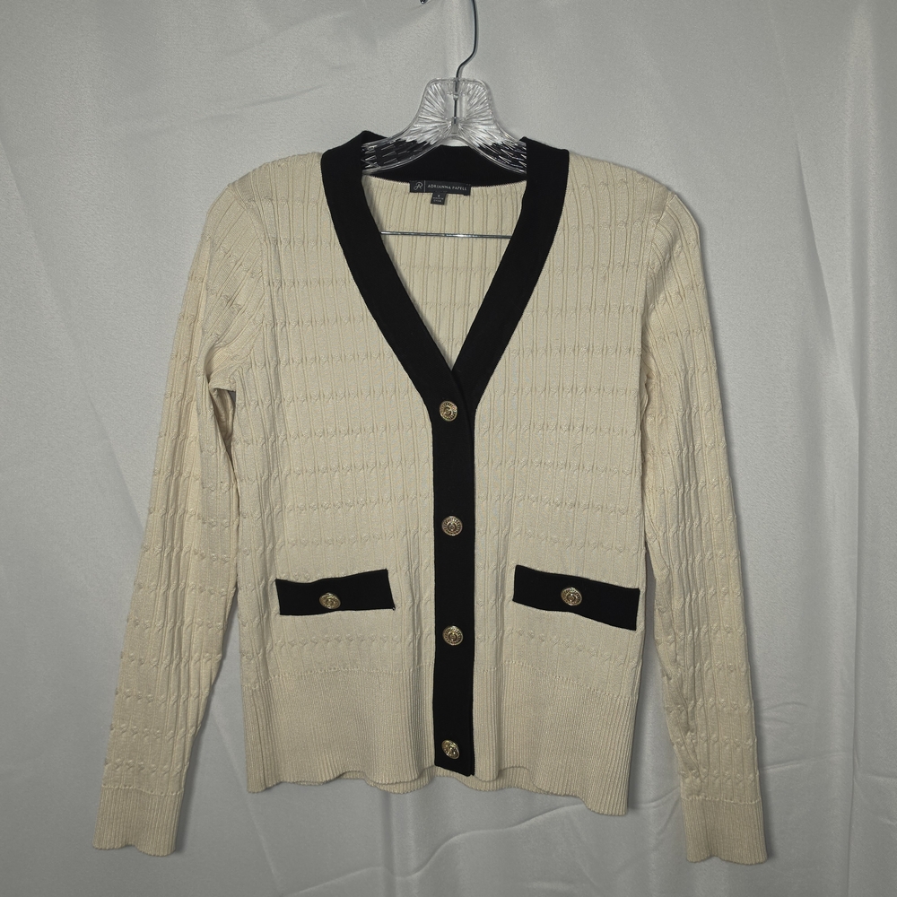 Adrianna Papell Cream Cardigan with Black Trim and Gold Buttons - V-Neck Knit
